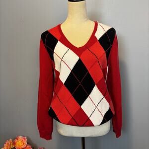 Izod Golf Argyle Sweater V-Neck Coral Rose Print 100% Cotton Long Sleeve Large
